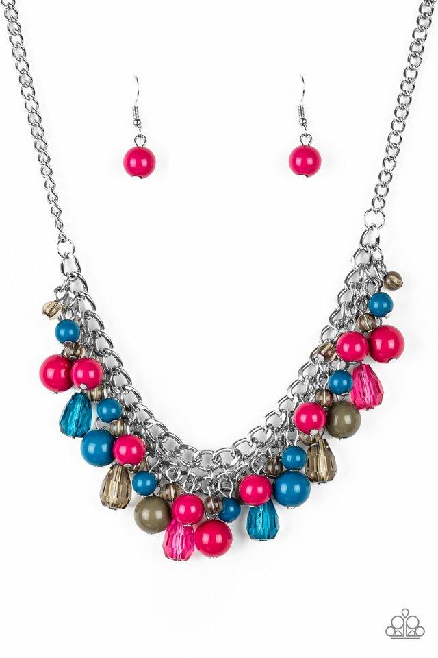 Tour de Trendsetter - Multi Color Necklace - Paparazzi Accessories - Glassy and polished blue, green, and pink beads swing from the bottom of interlocking silver chains. Crystal-like teardrops are sprinkled along the colorful beading, creating a flirtatious fringe below the collar.