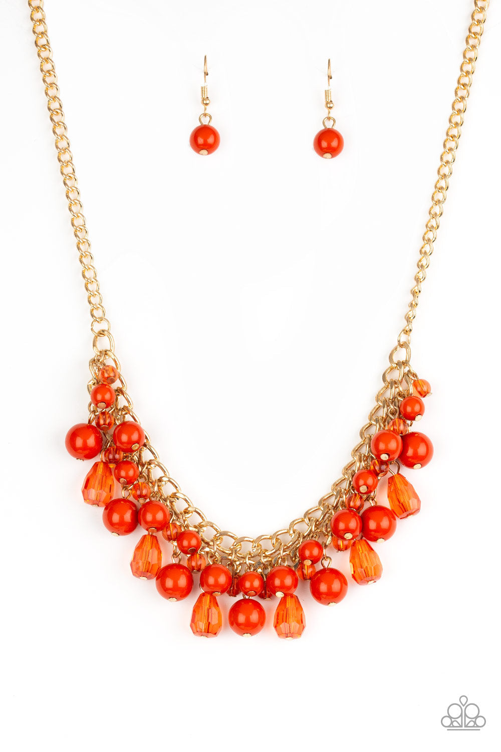Tour de Trendsetter - Orange and Gold Necklace - Paparazzi Accessories - Varying in shape, glassy and polished orange beads swing from the bottom of interlocking gold chains. Crystal-like teardrops are sprinkled along the colorful beading, creating a flirtatious fringe below collar.