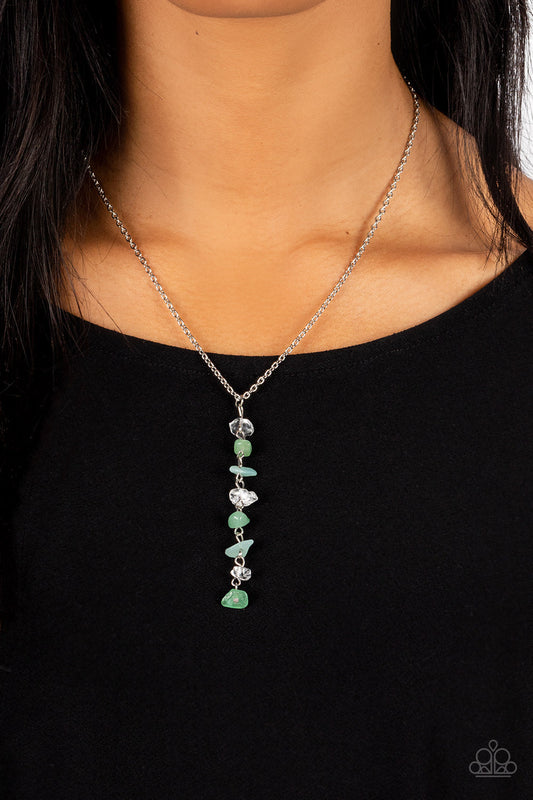 Tranquil Tidings - Green Jade and Silver Necklace - Paparazzi Accessories - A dainty stack of quartz, jade, and aventurine pebbles trickles from the bottom of a classic silver chain, creating a tranquil extended pendant down the chest. Features an adjustable clasp closure.