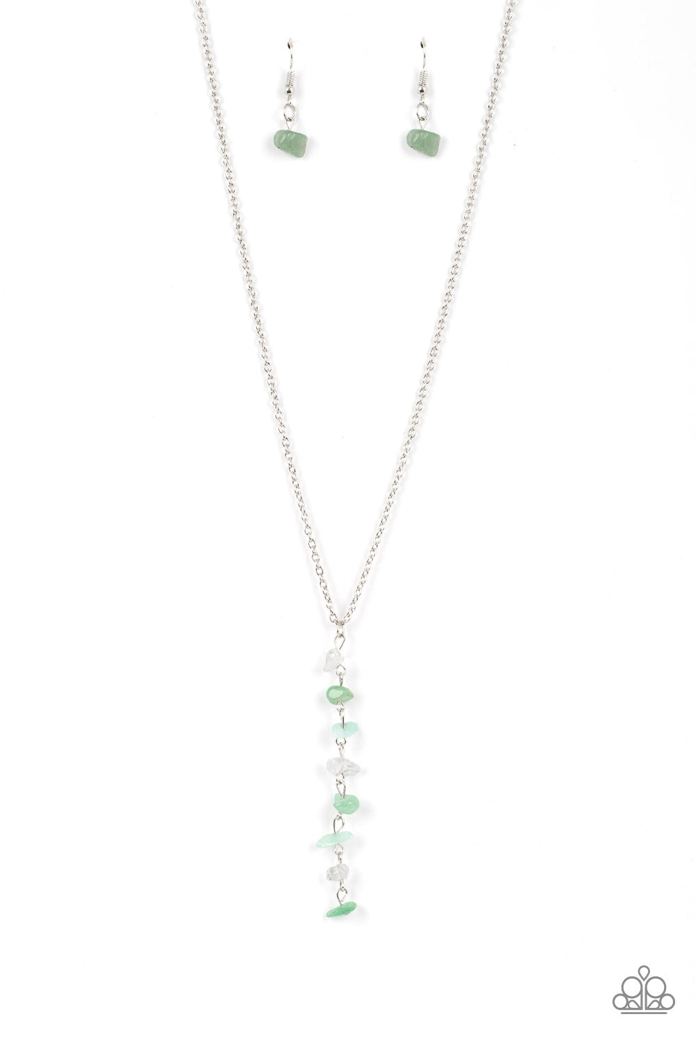 Tranquil Tidings - Green Jade and Silver Necklace - Paparazzi Accessories - A dainty stack of quartz, jade, and aventurine pebbles trickles from the bottom of a classic silver chain, creating a tranquil extended pendant down the chest. Features an adjustable clasp closure.