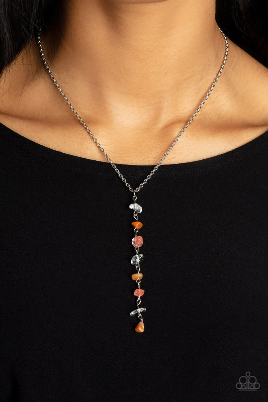 Tranquil Tidings - Orange and Silver Necklace - Paparazzi Accessories - A dainty stack of quartz, citrine, and rose quartz pebbles trickles from the bottom of a classic silver chain, creating a tranquil extended pendant down the chest. Features an adjustable clasp closure. As the stone elements in this piece are natural, some color variation is normal.