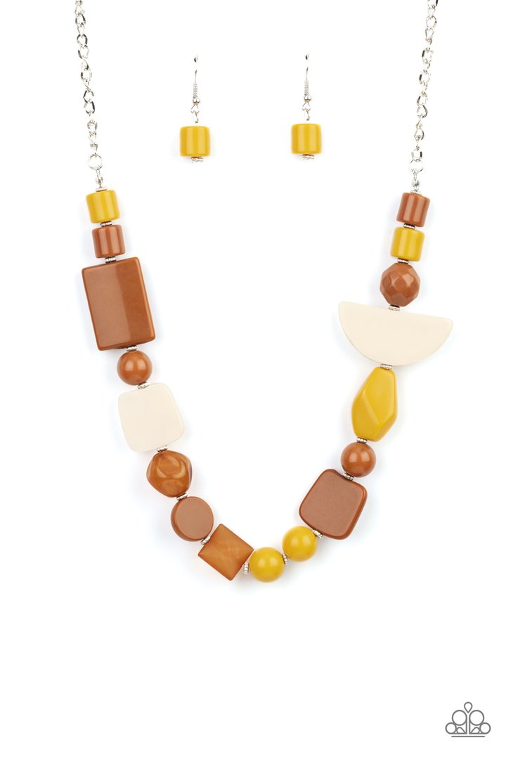 Tranquil Trendsetter - Yellow and Brown Necklace - Paparazzi Accessories - Bejeweled Accessories By Kristie - Featuring the rustic hues of Adobe, Mustard, and Soybean, mismatched acrylic and faux rock beads are haphazardly threaded along an invisible wire below the collar for an abstract artisan vibe. Features an adjustable clasp closure.