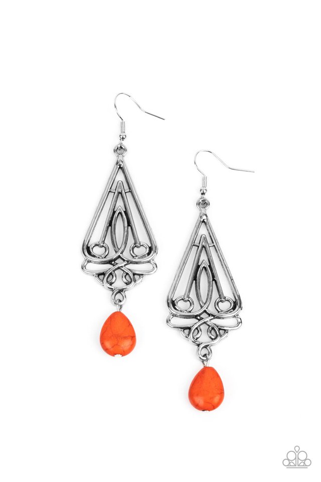 Transcendent Trendsetter - Orange and Silver Earrings - Paparazzi Accessories - A refreshing orange teardrop stone swings from the bottom of an ornate triangular frame, creating a seasonal statement.