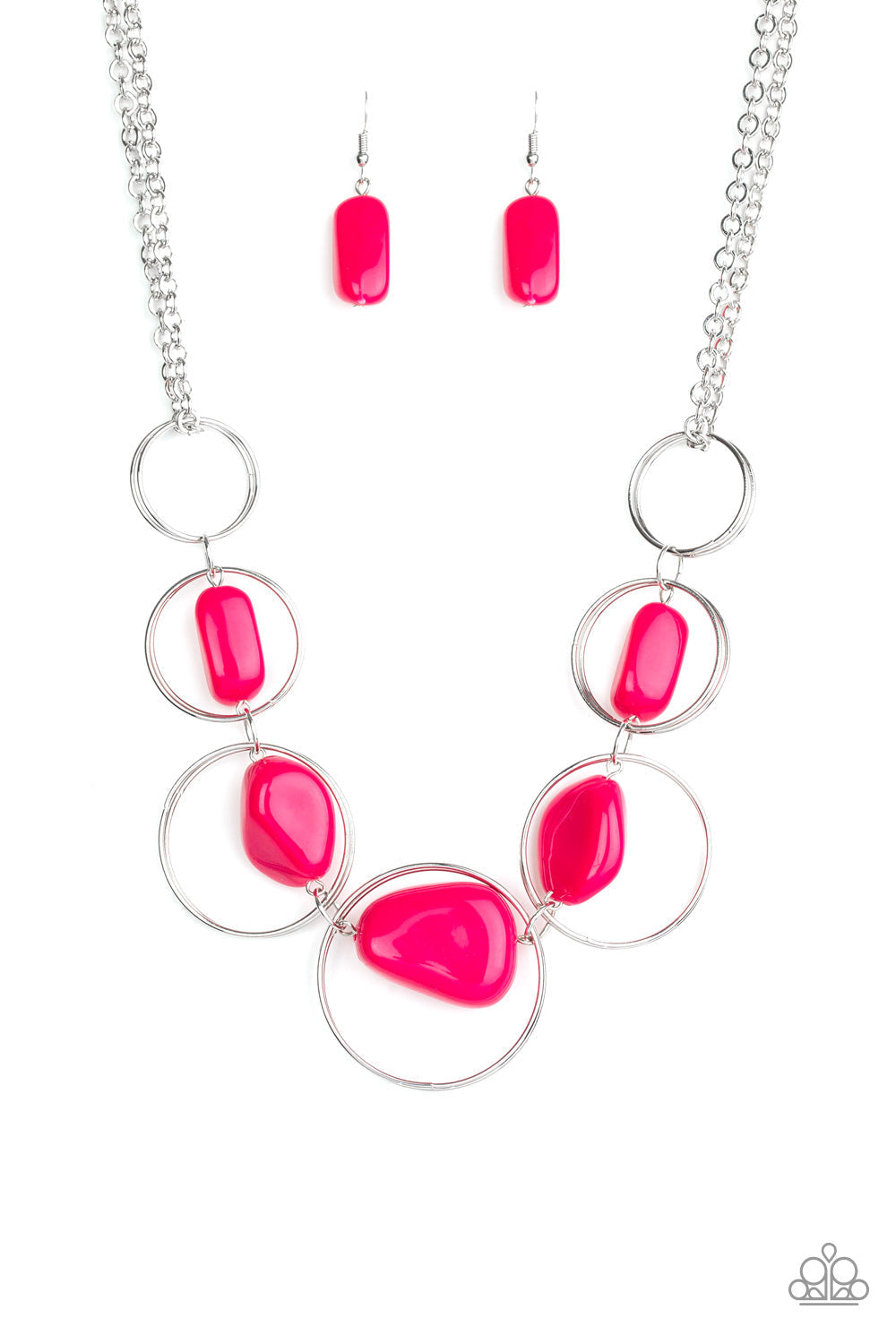 Travel Log - Pink and Silver Fashion Necklace - Paparazzi Accessories - Faux pink rock beads, silver hoops gradually increase in size as they link below the collar for a trendy fashion necklace. Bejeweled Accessories By Kristie - Trendy fashion jewelry for everyone -