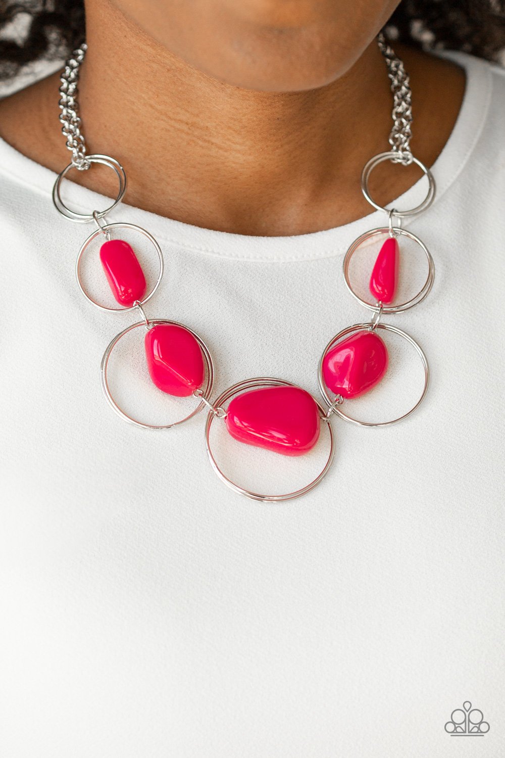 Travel Log - Pink and Silver Fashion Necklace - Paparazzi Accessories - Faux pink rock beads, silver hoops gradually increase in size as they link below the collar for a trendy fashion necklace.