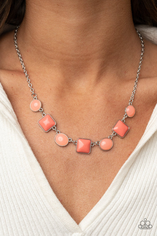 Trend Worthy - Orange Coral - Silver Necklace - Paparazzi Accessories - Burnt Coral beads in varying opacities are pressed into simple silver frames. The square and round shapes link across the collar on a silver chain for a dainty trend worthy display. Features an adjustable clasp closure. Sold as one individual necklace.