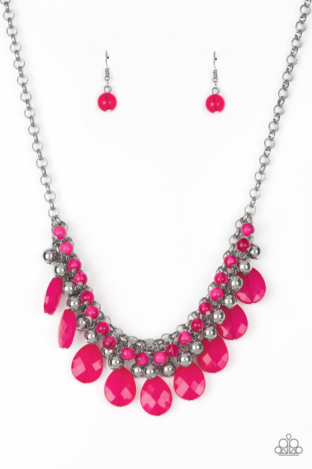 Trending Tropicana - Pink and Silver Necklace - Paparazzi Accessories - Cloudy pink beads and shiny silver beads. Brushed in an opalescent finish, pink teardrops cascade from the bottom of bold interlocking silver chains, for a dramatic colorful fringe fashion necklace.