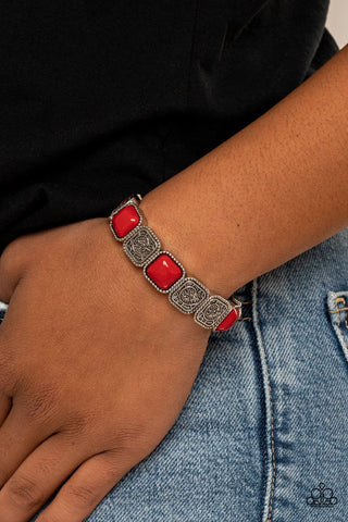 Trendy Tease - Red and Silver Fashion Bracelet - Paparazzi Accessories - Studded in abstract textures, antiqued silver frames join square red bead frames along a stretchy band around the wrist for a colorful vintage stylish fashion bracelet.