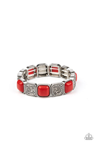 Trendy Tease - Red and Silver - Stretchy Fashion Bracelet - Paparazzi Accessories - Studded in abstract textures, antiqued silver frames join square red bead frames along a stretchy band around the wrist for a colorful vintage stylish fashion bracelet.