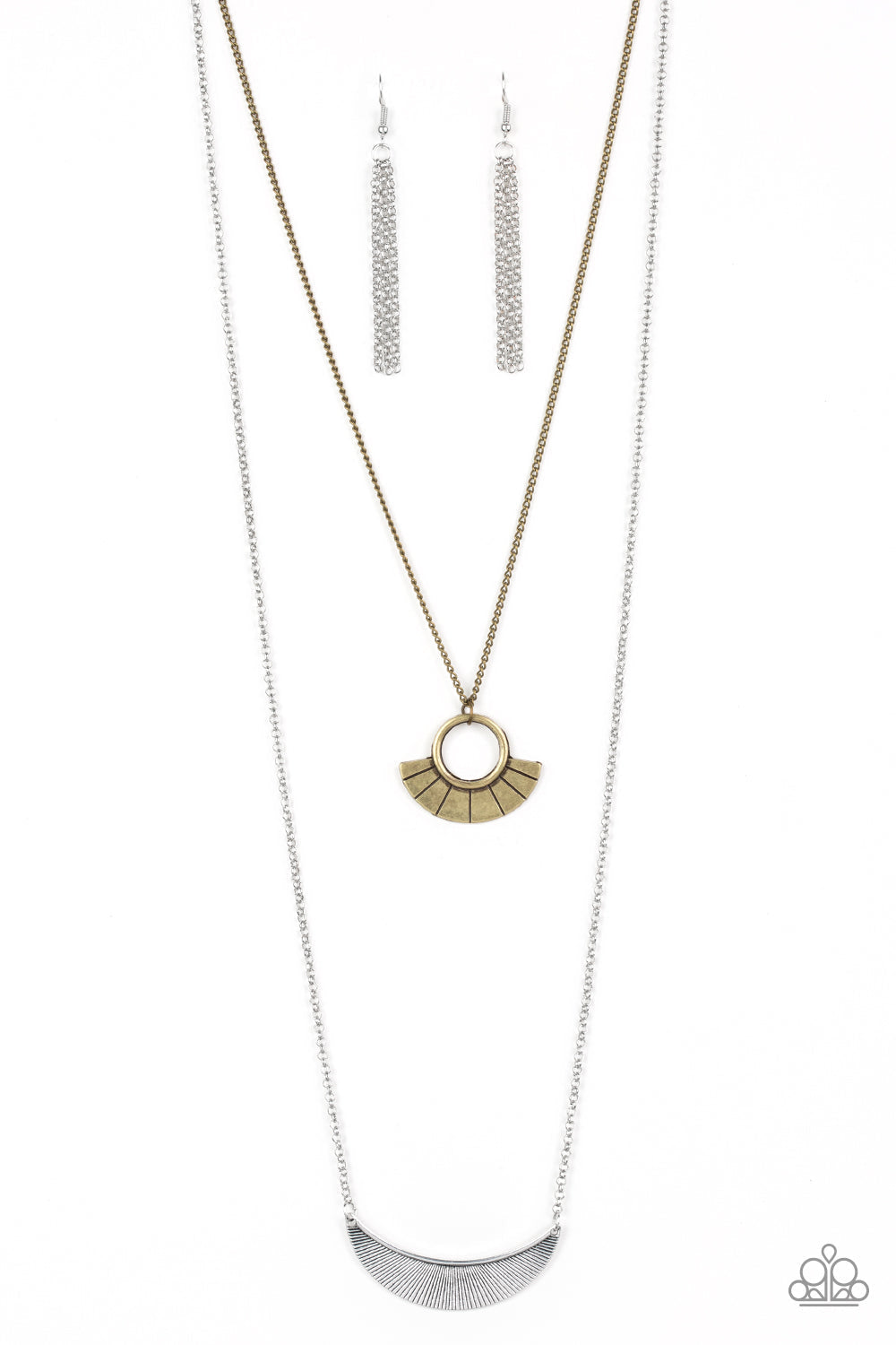 Tribal Trek - Multi Metal Fashion Necklace - Paparazzi Accessories - Brass frame swings above a silver half-moon frame, creating tribal inspired layers below the collar. Features an adjustable clasp closure.