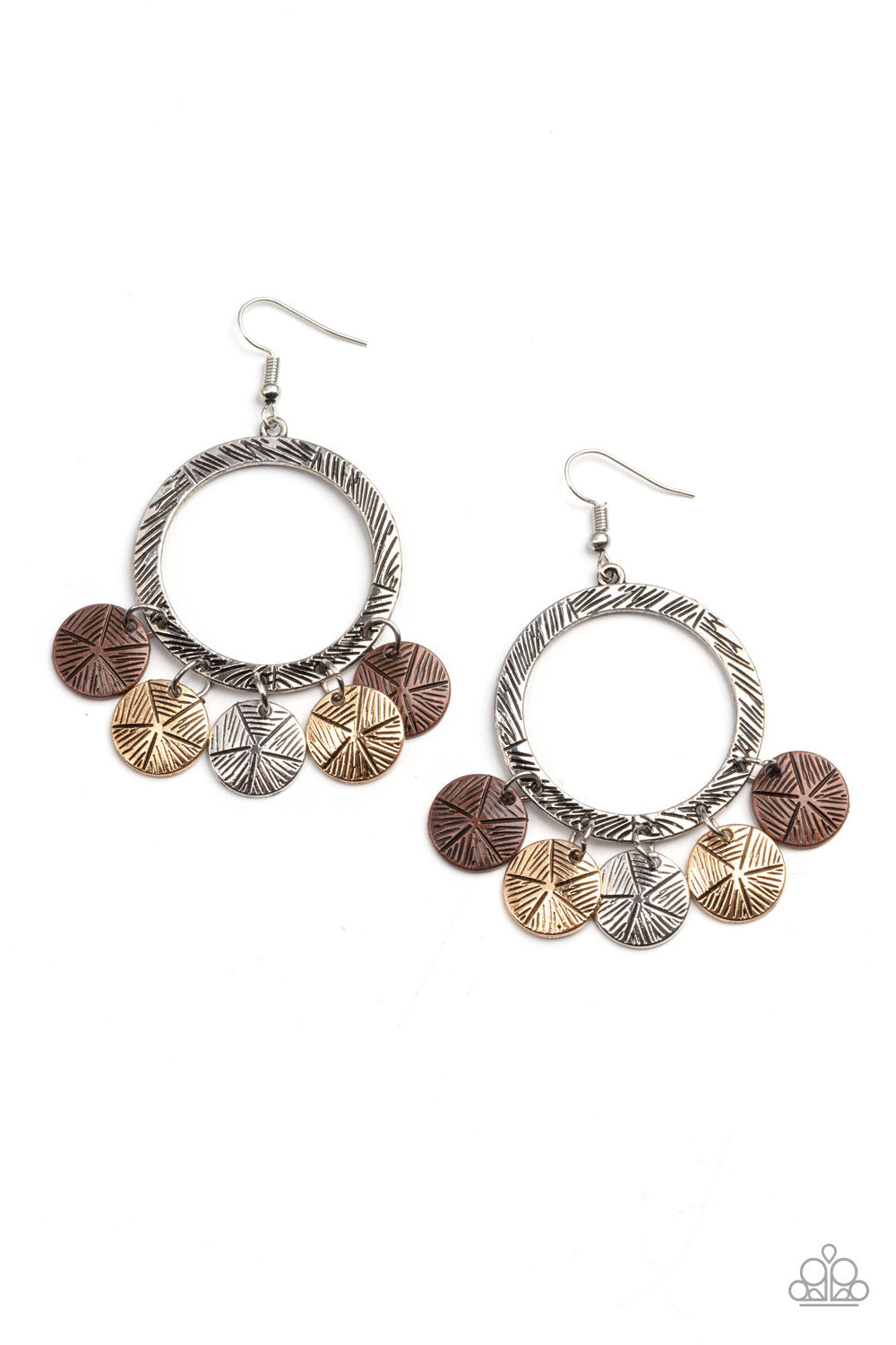 Trinket Tease - Multi Metal - Silver, Gold and Copper Earrings - Paparazzi Accessories - Earrings with antiqued silver hoop gives way to a fringe of star stamped copper, gold, and silver discs. Earring attaches to a standard fishhook fitting.