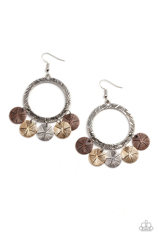 Trinket Tease - Multi Metal - Silver, Gold and Copper Earrings - Paparazzi Accessories - Earrings with antiqued silver hoop gives way to a fringe of star stamped copper, gold, and silver discs. Earring attaches to a standard fishhook fitting.