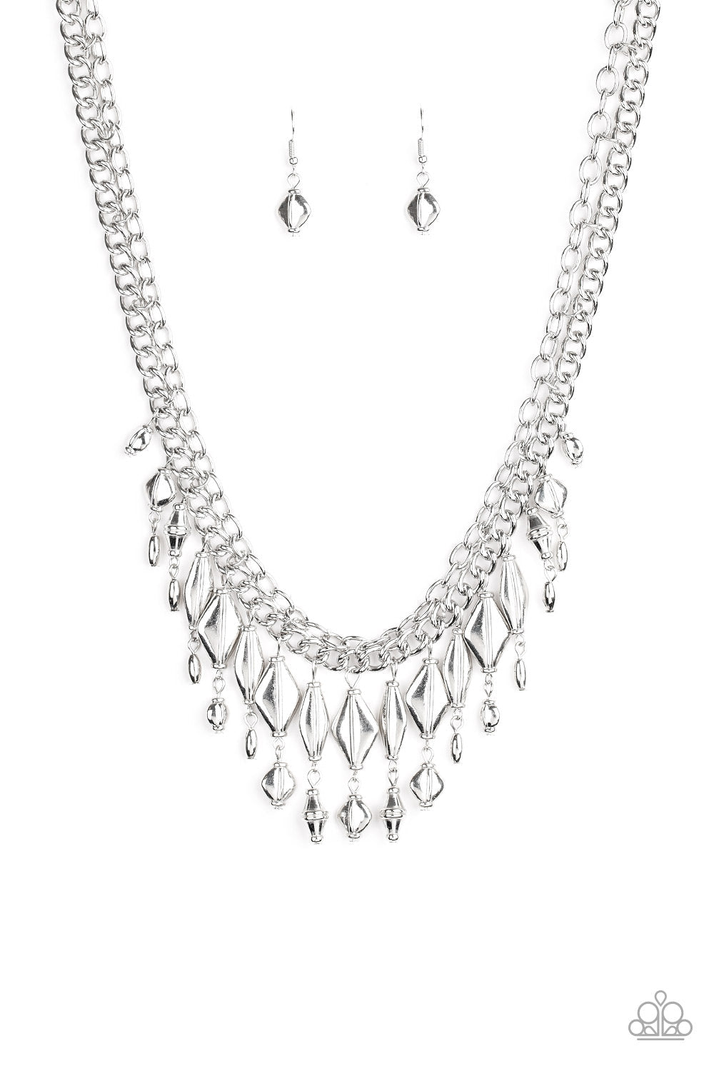 Trinket Trade - Silver Necklace - Paparazzi Accessories - Mismatched collection of silver beaded tassels dangle from the bottom of two interconnecting silver chains, creating a noisy fringe below the collar. Features an adjustable clasp closure.