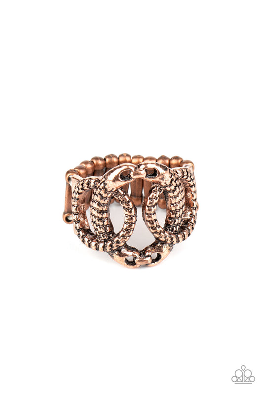 TRIO de Janeiro - Copper Fashion Ring - Paparazzi Accessories - Etched in edgy asymmetrical textures, three glistening copper rings link across the finger, creating a bold industrial centerpiece. Features a stretchy band for a flexible fit. Sold as one individual ring.