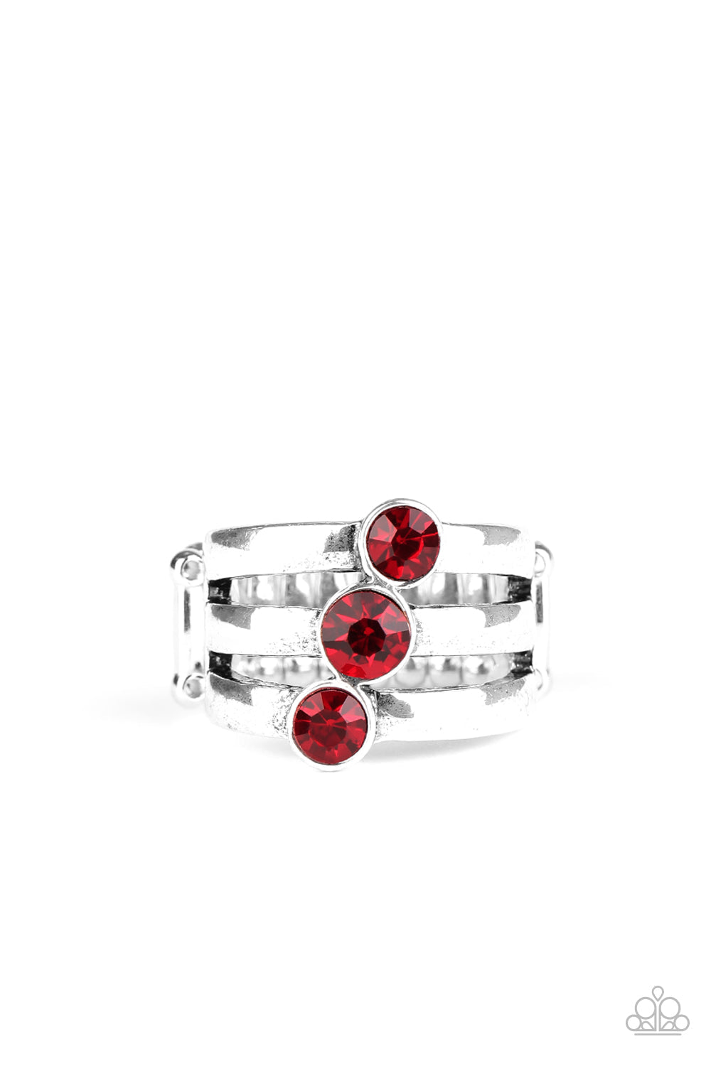 Triple The Twinkle - Red and Silver Ring - Paparazzi Jewelry - Bejeweled Accessories By Kristie - Red rhinestones slant across three stacked silver bands, coalescing into a refined fashion ring. Features a stretchy band for an adjustable flexible fit.