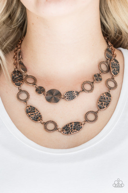 Trippin On Texture - Copper Stylish Necklace - Paparazzi Accessories - Unique copper fashion necklace that is delicately hammered in shimmery textures, mismatched copper frames link below the collar for a seasonal fashion necklace.
