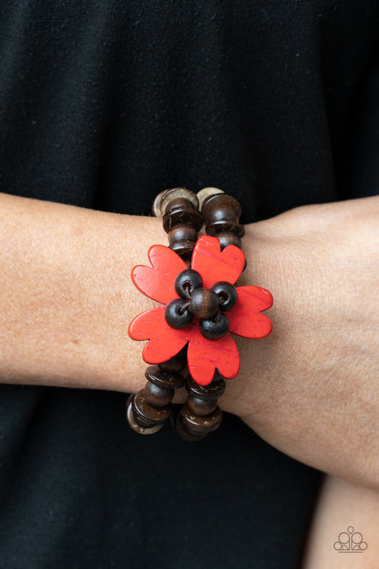 Tropical Flavor - Red Flower - Brown Wood Bracelet - Paparazzi Accessories - Heart shaped petals, a red wood flower sits atop double strands of wooden beads threaded along stretchy bands for a tropical flair stylish wood bracelet. 
