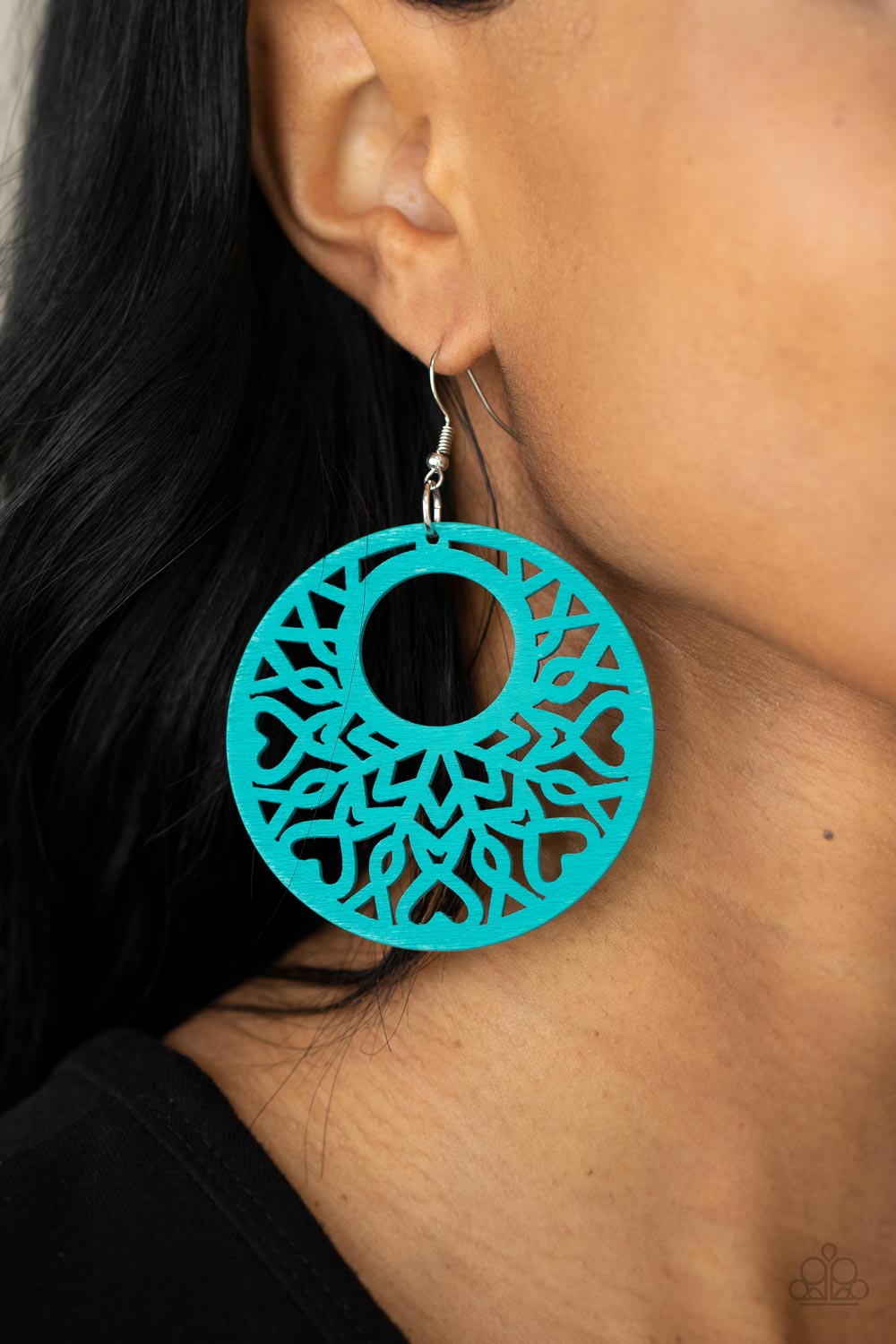 Tropical Reef - Blue Wood - Silver Earrings - Paparazzi Accessories - refreshing blue, an airy circular wooden frame features a cut-out heart motif reminiscent of bohemian designs creating a free-spirited allure. Earring attaches to a standard fishhook fitting. -  Bejeweled Accessories By Kristie - Trendy fashion jewelry for everyone -