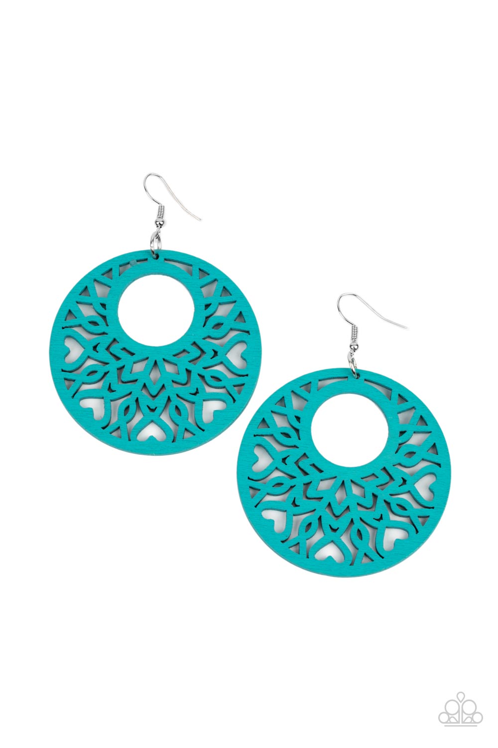 Tropical Reef - Blue Wood - Silver Earrings - Paparazzi Accessories - Refreshing blue, an airy circular wooden frame features a cut-out heart motif reminiscent of bohemian designs creating a free-spirited allure. Earring attaches to a standard fishhook fitting. Bejeweled Accessories By Kristie - Trendy fashion jewelry for everyone -