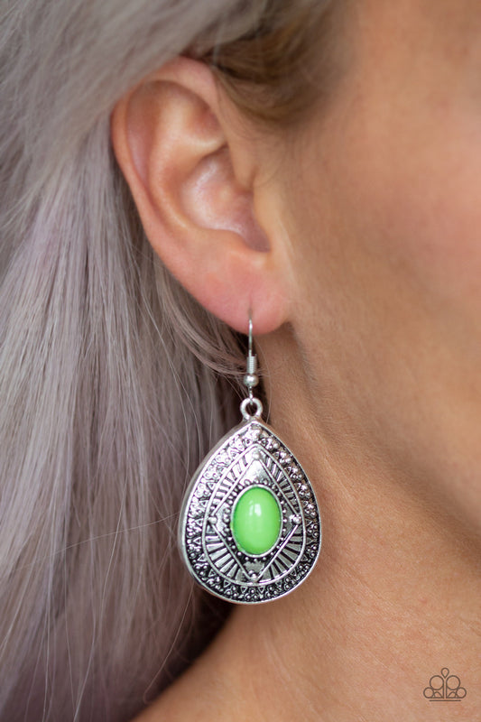 Tropical Topography - Green and Silver Fashion Earrings - Paparazzi Accessories - Energetic green bead pressed into the center of a shimmery silver teardrop. These fashion earrings are radiating with tribal inspired detail for an on-trend fashion.
