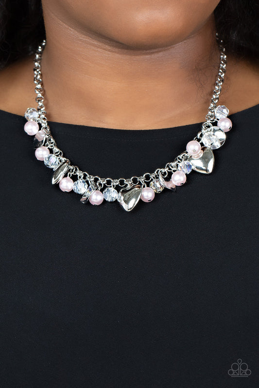 True Loves Trove - Pink Pearl and Silver Fringe Necklace - Pink pearls, glassy white crystal-like beads, crinkled silver discs, and oversized locket inspired silver heart frames dance from a shiny silver chain for a romantic fringe below the collar fashion necklace.