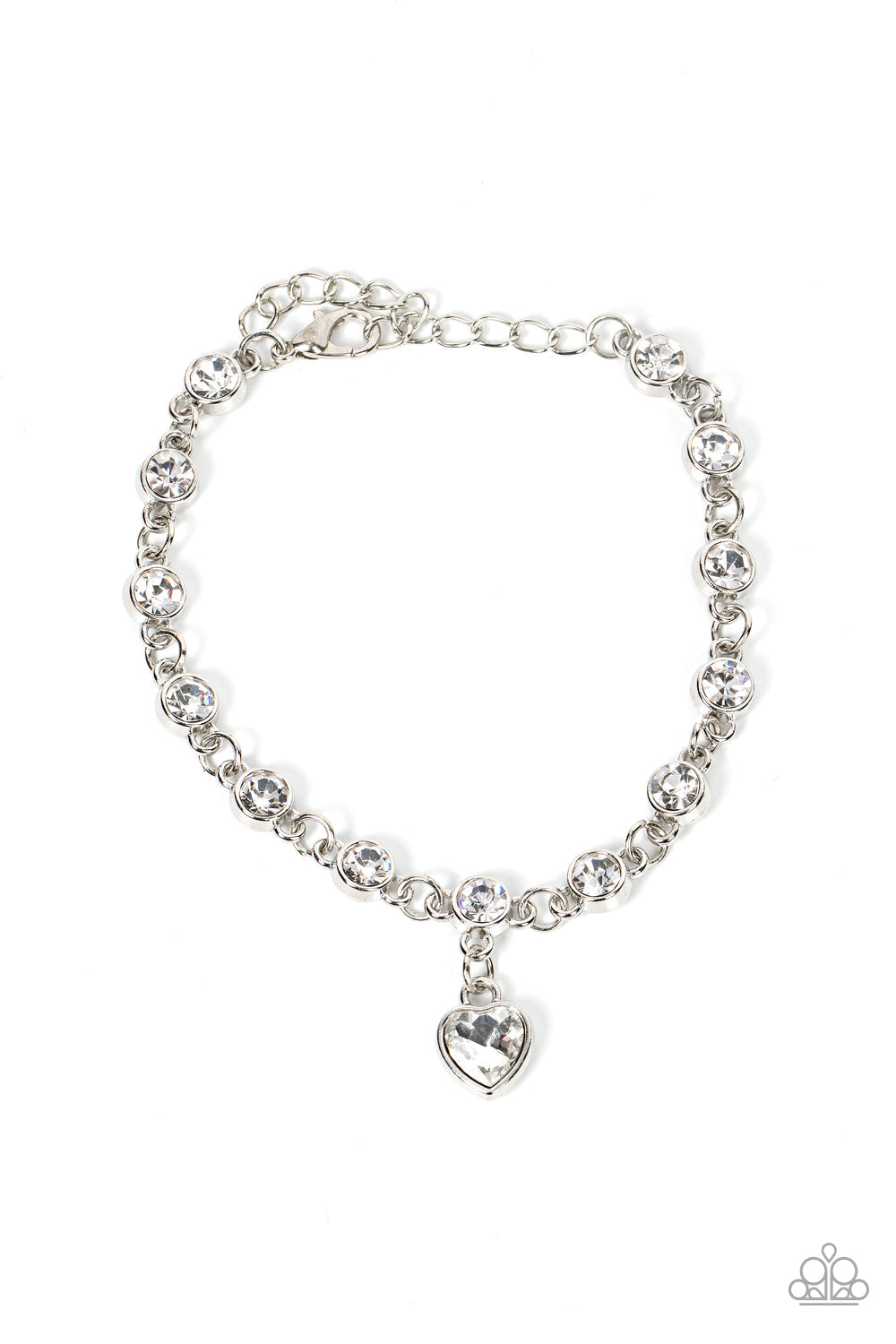 Truly Lovely - White Heart - Silver Bracelet - Paparazzi Accessories - White rhinestone heart charm dances from a strand of white rhinestones, resulting in a flirtatious sparkle around the wrist. Features an adjustable clasp closure.