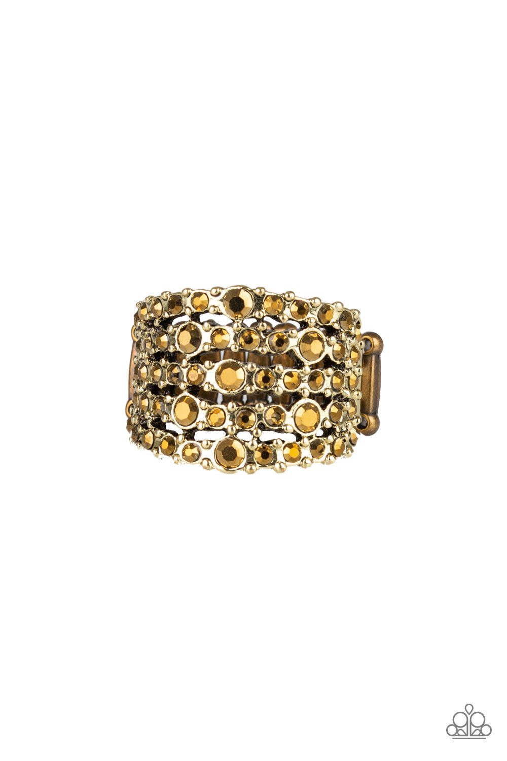 Truly Treasured - Brass Fashion Ring - Paparazzi Accessories - Row after row of glittery aurum rhinestones are encrusted along studded brass bands for a dazzling look. Features a stretchy band for a flexible fit. Sold as one individual ring.