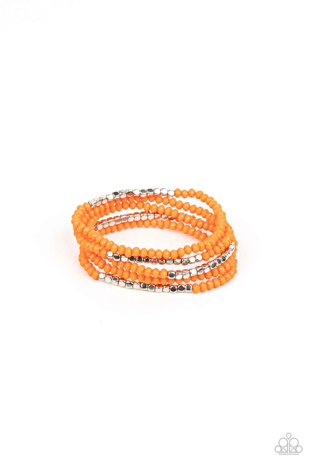 Tulum Trek - Orange and Silver Fashion Bracelets - Paparazzi Accessories - Infused with sections of shiny silver cube beads, a flamboyant collection of faceted orange beads are threaded along stretchy bands around the wrist for a vivacious pop of color. Sold as one set of five bracelets.