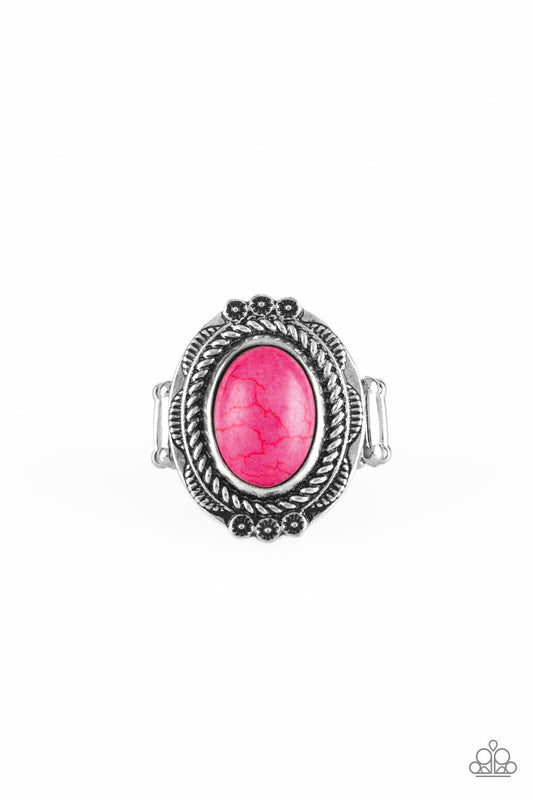 Tumblin Tumbleweeds - Pink and Silver Fashion Ring - Paparazzi Accessories - A vivacious pink stone is pressed into an antiqued silver frame radiating with floral detail for a seasonal look. Features a stretchy band for a flexible fit. Sold as one individual ring.