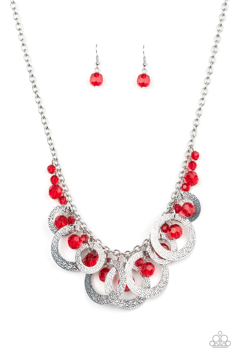 Turn It Up - Red and Silver Necklace - Paparazzi Accessories - Shorter Necklaces Bejeweled Accessories By Kristie Featuring Paparazzi Jewelry - Trendy fashion jewelry for everyone -A collection of Samba crystal-like beads and hammered silver hoops dangle from the bottom of a shimmery silver chain, creating a noise-making fringe. Features an adjustable clasp closure necklace.