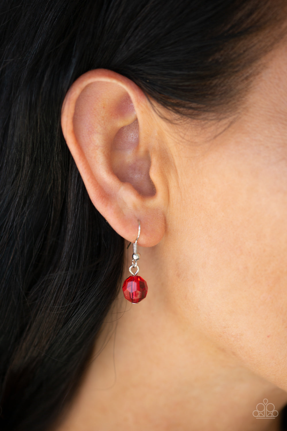 Turn It Up - Red and Silver Necklace - Paparazzi Accessories - A collection of Samba crystal-like beads and hammered silver hoops dangle from the bottom of a shimmery silver chain, creating a noise-making fringe necklace.