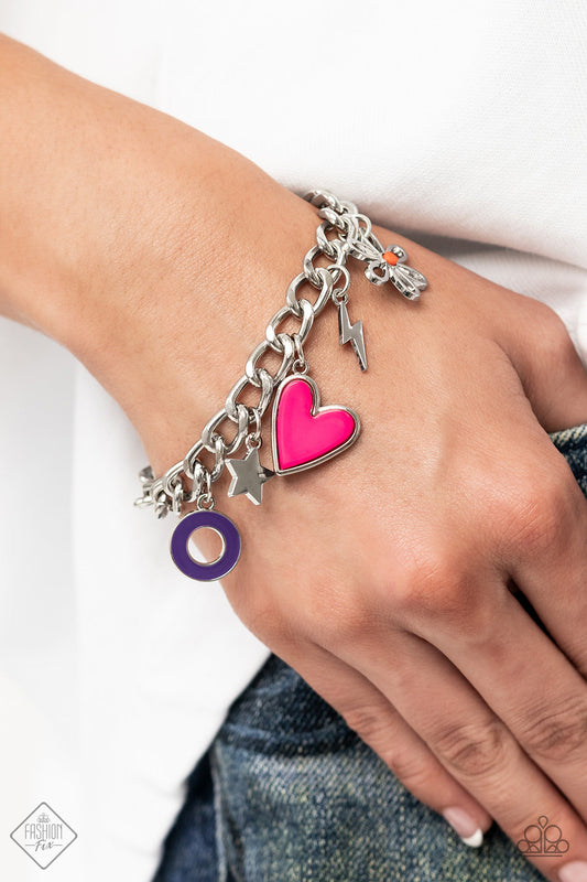 Turn Up the Charm - Multi Color Charm Bracelet - Paparazzi Accessories - A strand of thick silver curb chain is decorated in playful charms, including a pink heart, a silver lightning bolt and star, a purple ring, and a flower silhouette topped with an orange bead at its center. Features an adjustable clasp closure.
