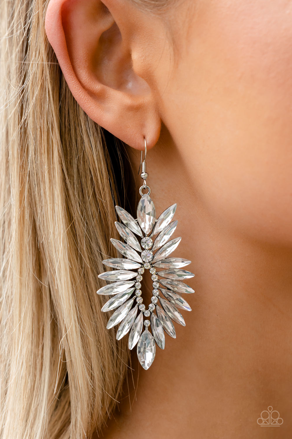 Turn up the Luxe - White Icy and Silver Fashion Earrings - Paparazzi Accessories - An explosion of white marquise rhinestones flares out from a ring of dainty white rhinestones, coalescing into an irresistibly icy statement piece. Earring attaches to a standard fishhook fitting. Sold as one pair of earrings.