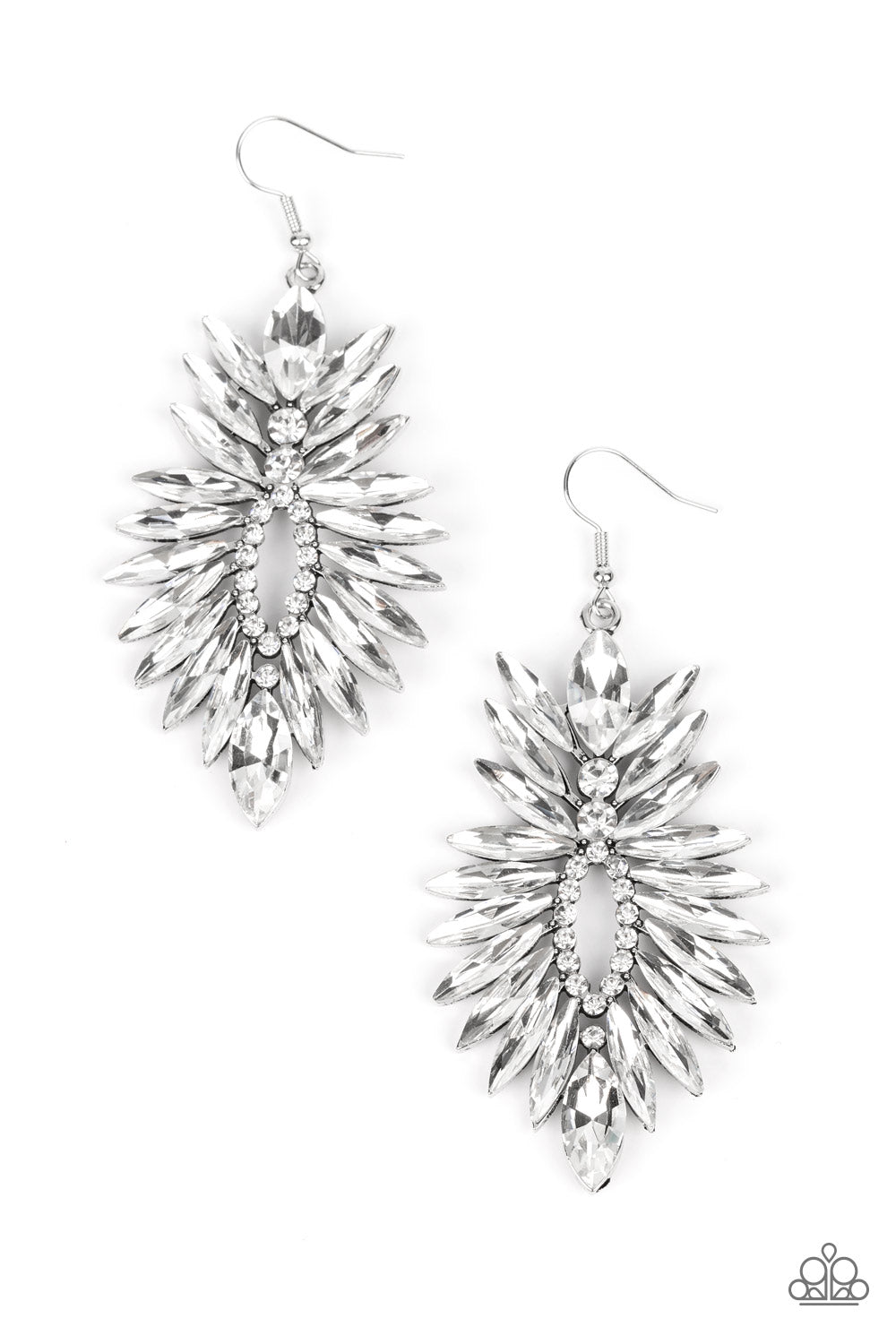 Turn up the Luxe - White Icy and Silver Earrings - Paparazzi Accessories Bejeweled Accessories By Kristie - An explosion of white marquise rhinestones flares out from a ring of dainty white rhinestones, coalescing into an irresistibly icy statement piece. Earring attaches to a standard fishhook fitting. Sold as one pair of earrings.