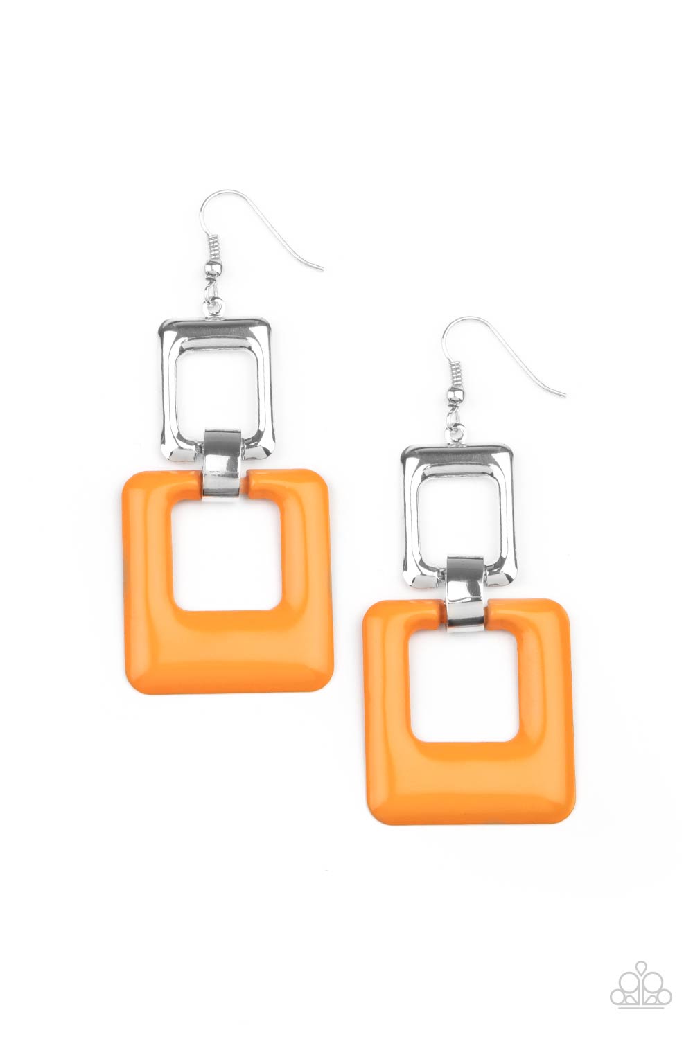 Twice As Nice - Orange Marigold and Silver Earrings - Paparazzi Accessories - Trendy fashion jewelry for everyone - A cutout square painted in the bold Pantone® of Marigold sways from a shiny silver cutout square for a playful finish. Earring attaches to a standard fishhook fitting. Sold as one pair of earrings.