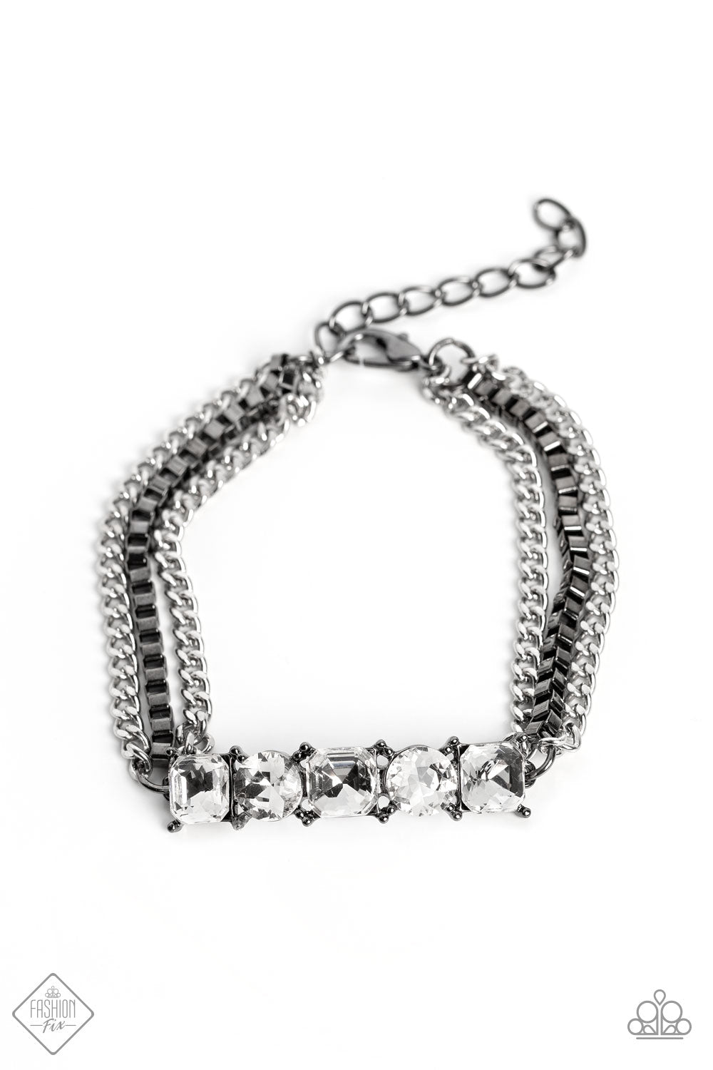 Tyrant Treasure - Black and Silver Chain Bracelet  - Paparazzi Jewelry - Bejeweled Accessories By Kristie - A gritty mix of classic silver and gunmetal box-chains stem from a row of faceted white gems, pressed into circular and square gunmetal frames, creating edgy layers around the wrist. Features an adjustable clasp closure. Sold as one individual bracelet.