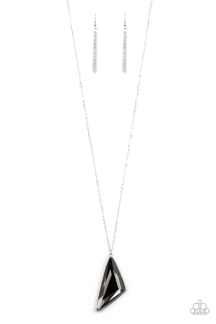 Ultra Sharp - Silver - Smoky Gem Necklace - Paparazzi Accessories - Trendy fashion jewelry for everyone - Cut into a striking triangular shape, a faceted smoky gem swings from the bottom of a lengthened silver chain for an edgy-glamorous fashion. Features an adjustable clasp closure.