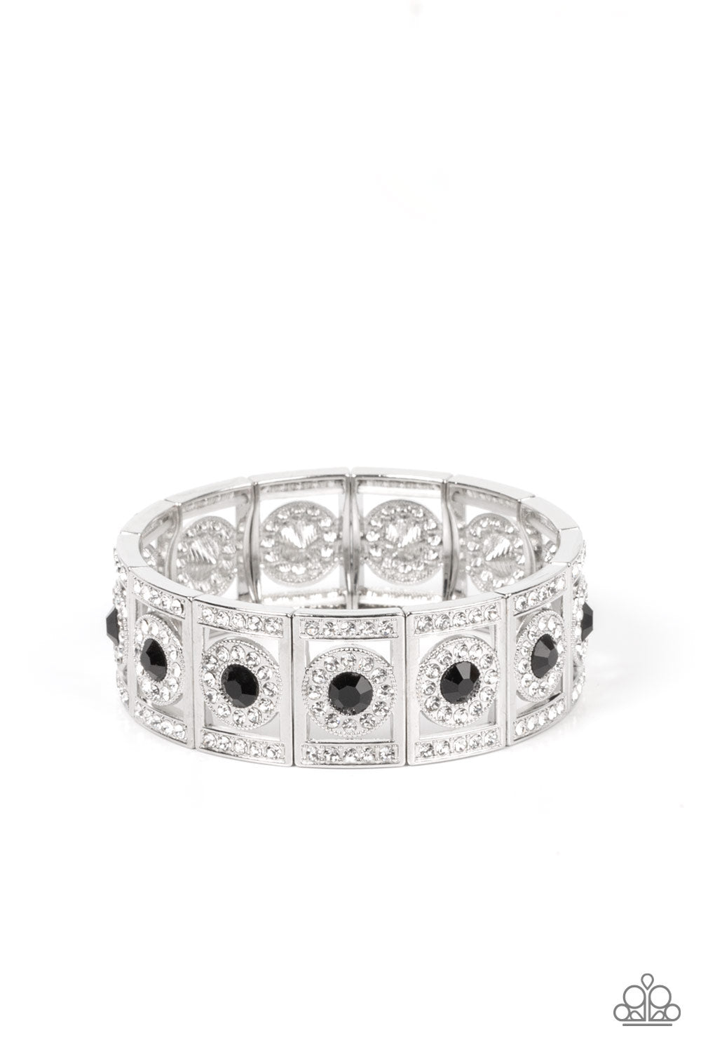 Ultra Upscale - Black and Silver Bracelet - Paparazzi Accessories - A glassy black rhinestone is pressed into a ring of glitzy white rhinestones inside a rectangular silver frame dusted in dazzling white rhinestones. The timeless frames sparkle along stretchy bands around the wrist.