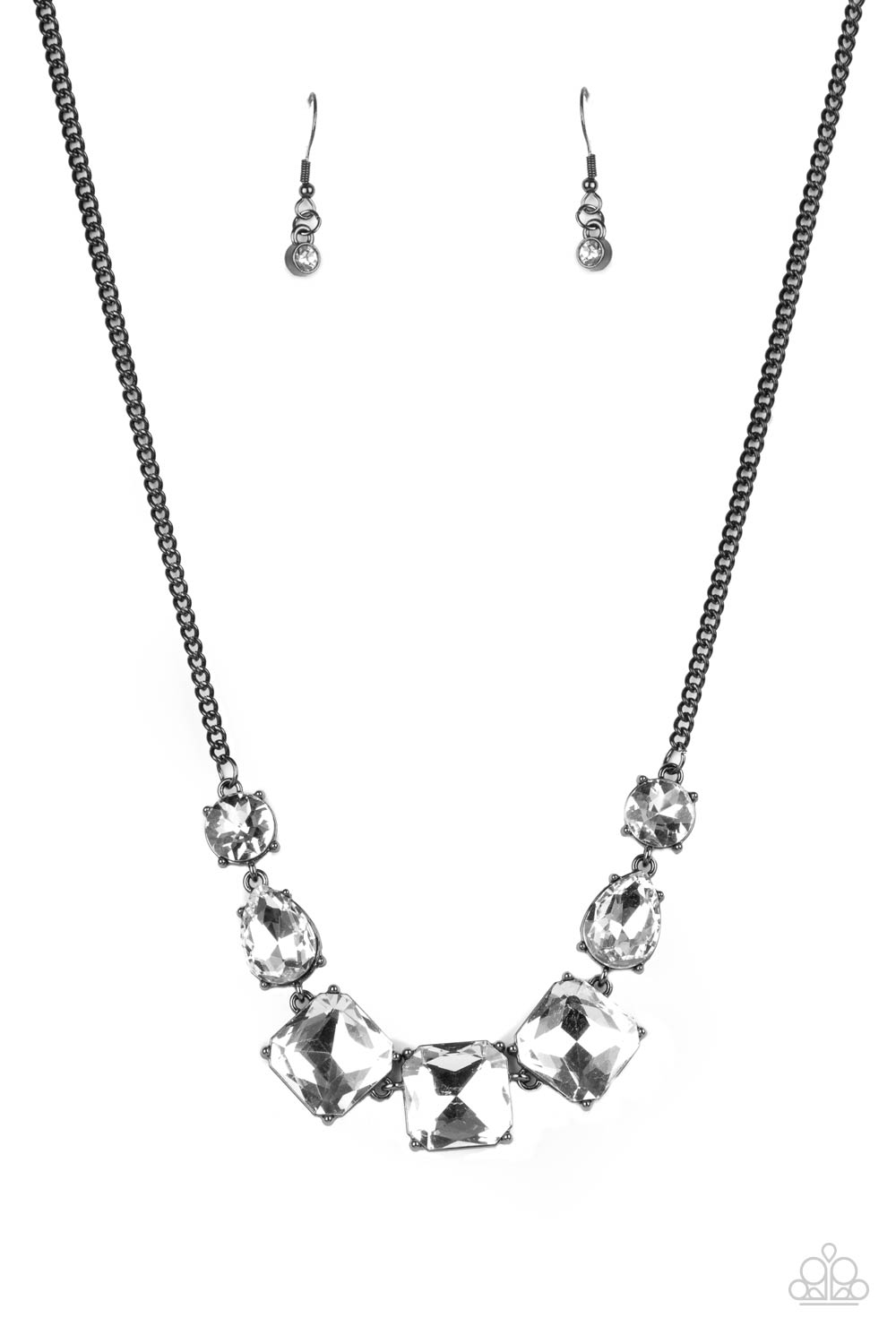 Unfiltered Confidence - Black - Gunmetal Gem Necklace - Bejeweled Accessories By Kristie - Paparazzi Accessories - A trio of brilliant white square cut gems encased in classic gunmetal fittings takes center stage. Teardrop and round gems link to a gunmetal chain on either side of the trio for a striking display below the collar. Features an adjustable clasp closure. Sold as one individual necklace.