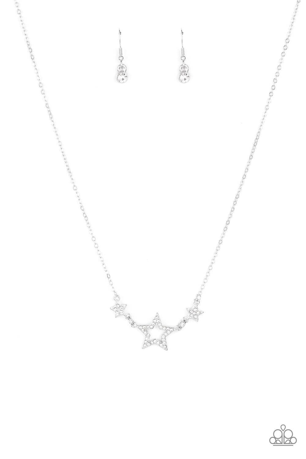 United We Sparkle - Silver Patriotic Star Silver Necklace - Paparazzi Accessories - A white rhinestone silver star is flanked by two dainty white rhinestone encrusted silver stars, creating a sparkly patriotic pendant below the collar fashion necklace.
