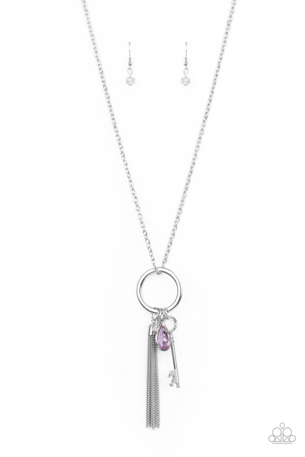 Unlock Your Sparkle - Purple and Silver Necklace - Paparazzi Accessories - A purple teardrop gem, silver key, dainty crystal-like bead, and shimmery silver chain tassel swings from the bottom of a silver ring at the bottom of a lengthened silver chain, creating a whimsically tasseled display. Features an adjustable clasp closure. Sold as one individual necklace.  Bejeweled Accessories By Kristie - Trendy fashion jewelry for everyone -