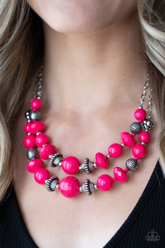 ​Upscale Chic - Pink Rasberry and Silver  Necklace - Paparazzi Accessories - Bold yet whimsical, bright Raspberry Sorbet beads alternate with silver beads etched in a linear pattern along two strands for a vibrant statement below the collar. Features an adjustable clasp closure. Sold as one individual necklace.