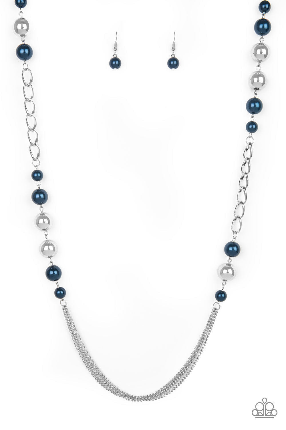 Uptown Talker - Blue and Silver Fashion Necklace - Paparazzi Accessories - Varying in size, pearly blue and oversized silver beads give way to sections of bold silver chain. Layers of silver chains drape across the bottom of the design for a flawless finish. Features an adjustable clasp closure. Sold as one individual necklace.