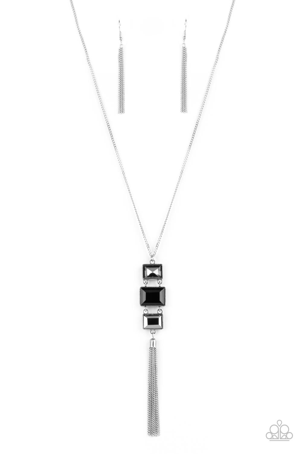 Uptown Totem - Black - Hematite - Silver Gem Necklace - Paparazzi Accessories - A sparkly collection of mismatched smoky, black, and hematite rectangular gems stack at the bottom of a lengthened silver chain, creating a glamorous pendant. A dainty silver chain tassel swings from the bottom, adding glamorous movement to the modern display. 