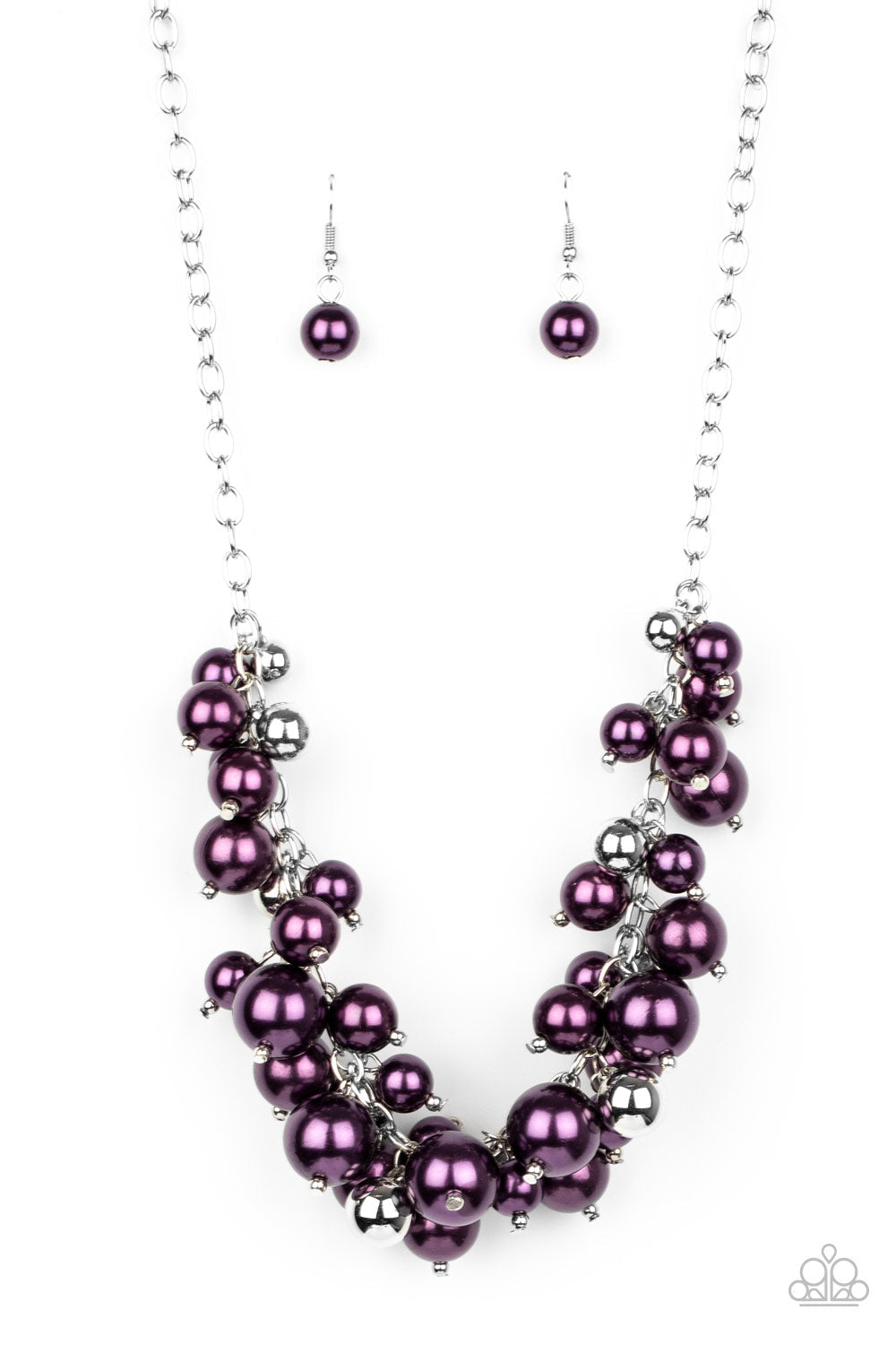 Uptown Upgrade - Purple and Silver Fashion Necklace - Paparazzi Accessories - A bubbly collection of shiny silver and pearly purple beads cluster along a shimmery silver chain below the collar, creating a vivacious fringe. Features an adjustable clasp closure. Sold as one individual necklace.
