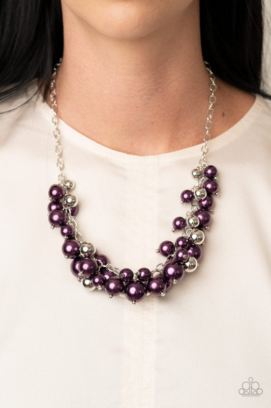 Uptown Upgrade - Purple and Silver Fashion Necklace - Paparazzi Accessories - A bubbly collection of shiny silver and pearly purple beads cluster along a shimmery silver chain below the collar, creating a vivacious fringe. Features an adjustable clasp closure. Sold as one individual necklace.