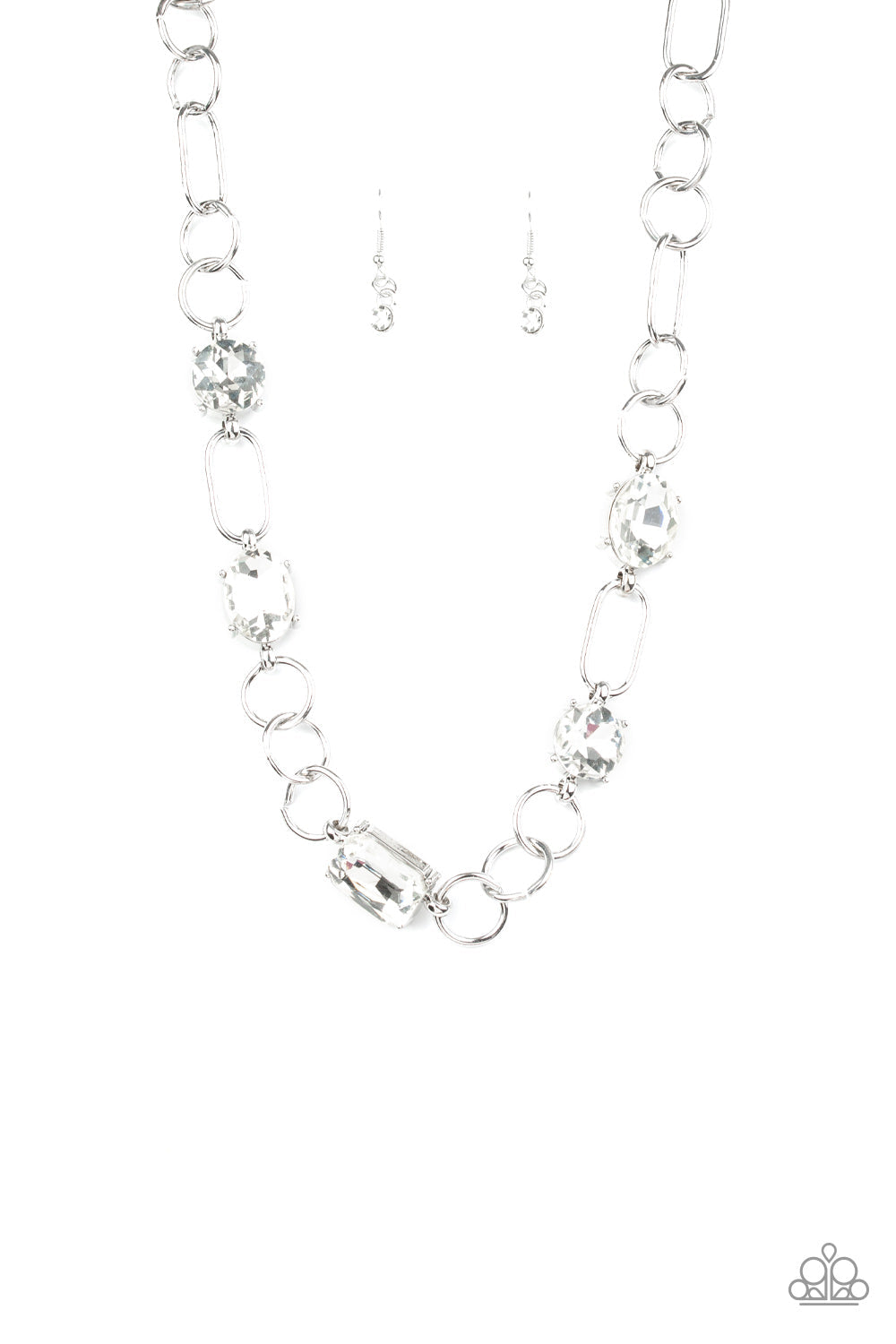 Urban District - White and Silver Fashion Necklace - Paparazzi Accessories - Featuring round, oval, and emerald style cuts, glittery white rhinestone fittings link with mismatched silver rings below the collar for an edgy glamorous look. Features an adjustable clasp closure. Sold as one individual necklace.