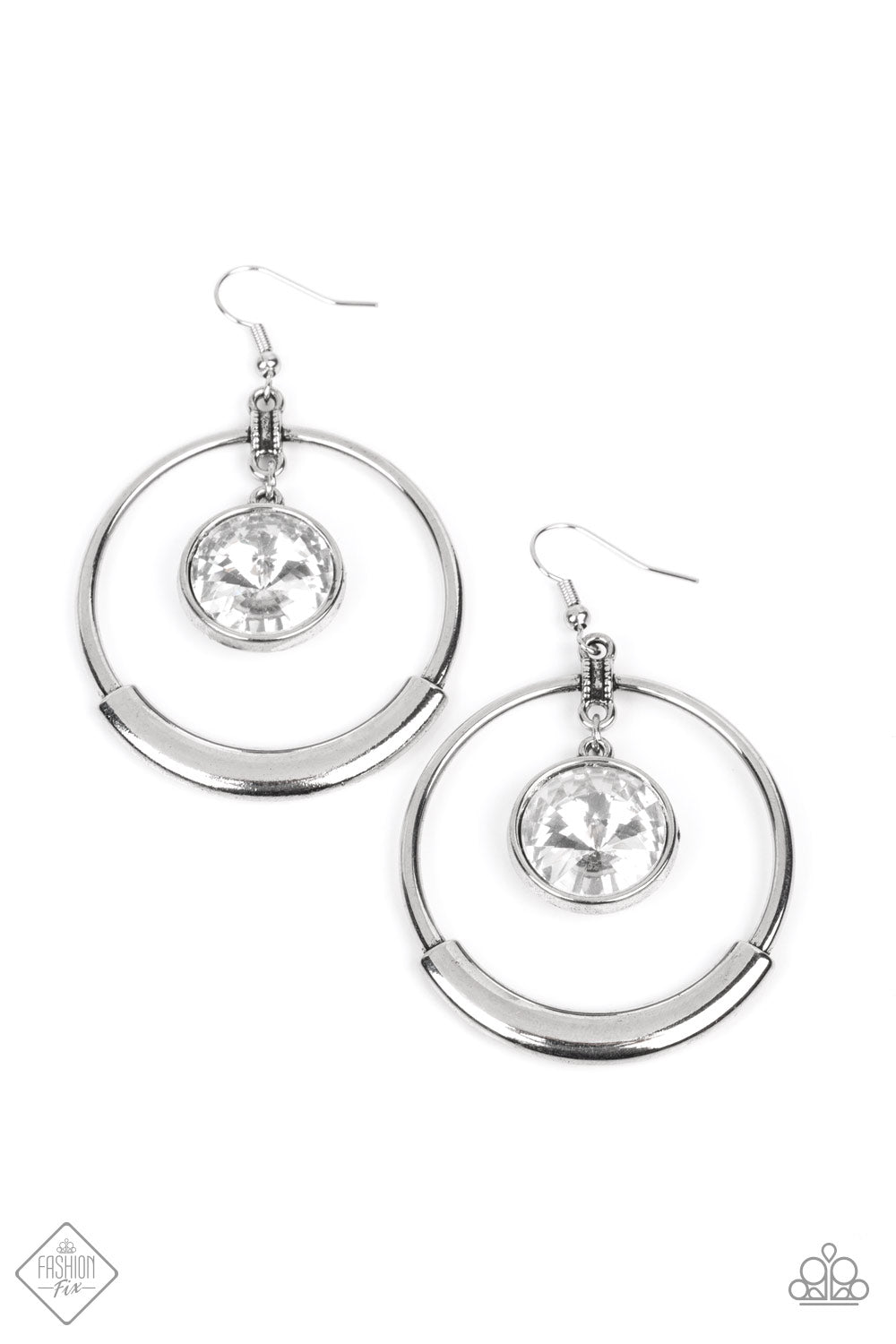 Urban Echo - White and Silver Fashion Earrings - Paparazzi Accessories - An oversized white gem glimmers brilliantly as it swings from the top of a sleek silver hoop. A thick curved bar of silver lays along the bottom of the airy hoop, emphasizing the bold design stylish earrings.