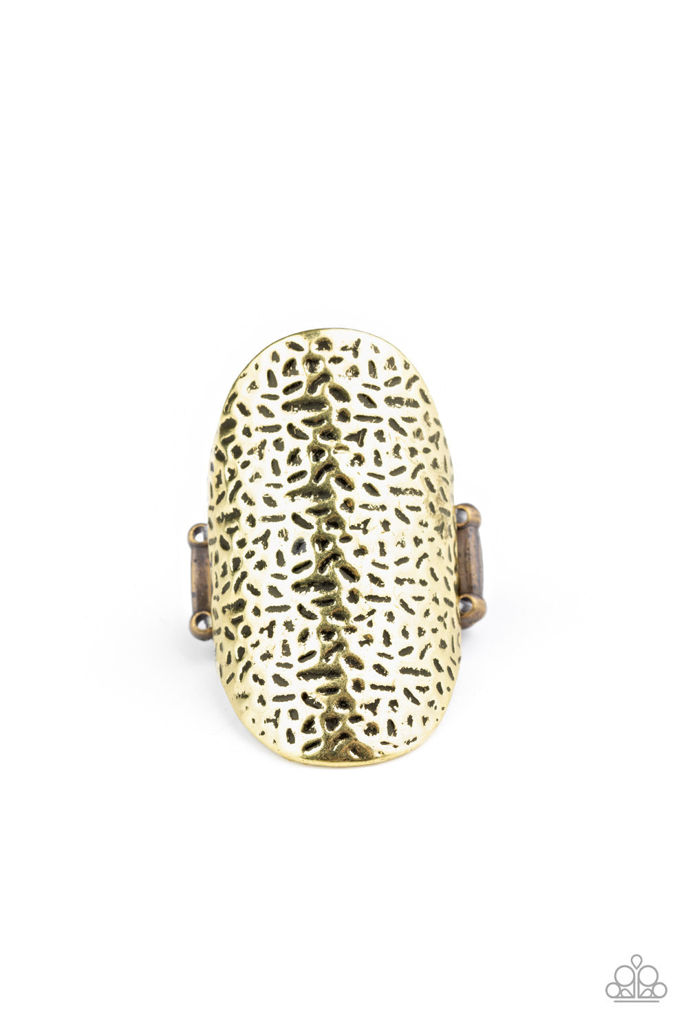 Urban Glyphs - Brass Ring - Paparazzi Accessories - Bejeweled Accessories By Kristie - Thick brass frame is delicately hammered in an abstract antiqued pattern, creating a bold industrial inspired centerpiece. Features a stretchy band for a flexible fit.
