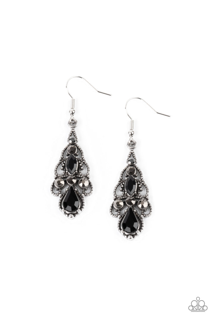 Urban Radiance - Black and Silver Earrings - Paparazzi Accessories - Mismatched black and hematite rhinestones, studded silver filigree swirls into an airy chandelier, creating a regal lure. Earring attaches to a standard fishhook fitting.